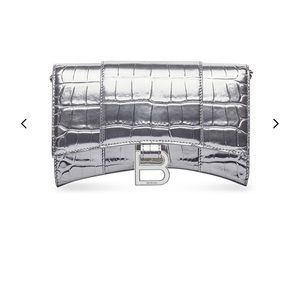 BALENCIAGA WOMEN'S HOURGLASS WALLET ON CHAIN IN SILVER - CROCODILE EMBOSSED